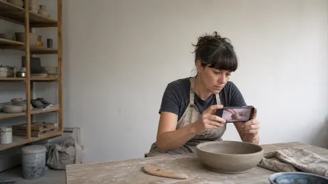 A ceramic artist reviewing a phone-recorded pottery demonstration beside a half-finished bowl in a real studio