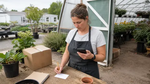 A plant nursery owner checking a plain smartphone while marking a blank campaign card at a worktable