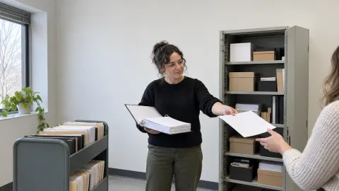 A small-business owner handing a blank page beside a thick binder and rolling file cart in a back office