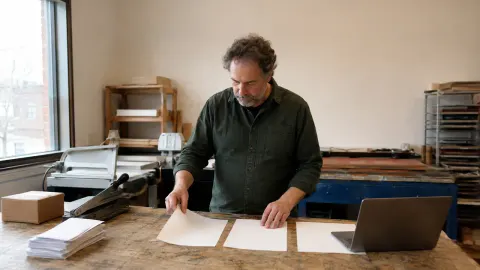 A small-business owner sorting blank sheets at a print-shop worktable beside a plain laptop
