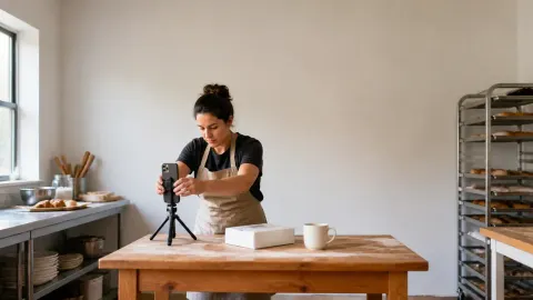 A bakery owner adjusting a plain smartphone on a small tripod to film a pastry box in a workroom