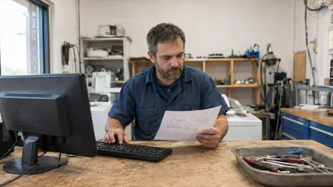 A small-business owner reviewing a printed workflow checklist beside a desktop computer in a real repair shop