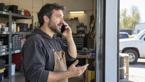 A small-business owner speaking on an unbranded smartphone in a real repair shop near an open loading doorway