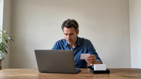 A small-business owner reviewing a plain laptop and blank access cards at an office desk