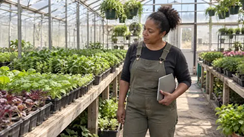 A small-business owner comparing rows of plants in a greenhouse while holding an unbranded tablet